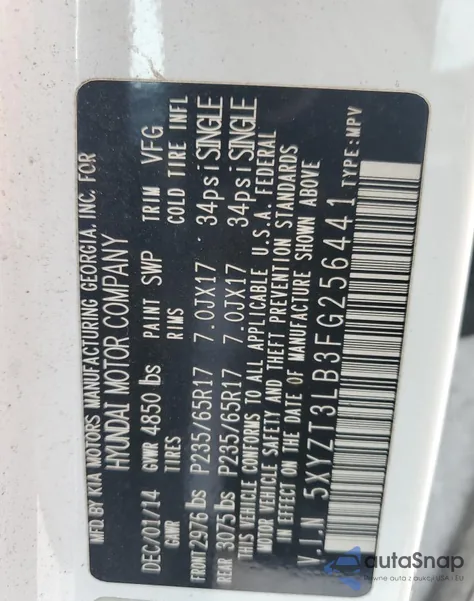 2015 Hyundai Santa Fe Sport z USA, uszkodzony, nr VIN 5XYZT3LB3FG256441